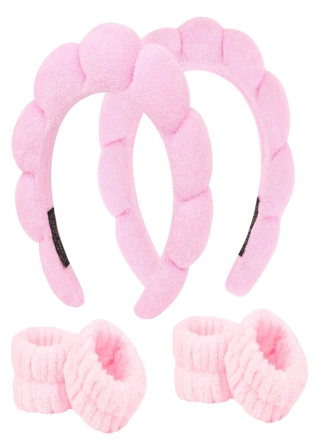 ACO-UINT 6Pcs Pink Spa Headband and Wrist Washband Set, Skincare Makeup Headband, Sponge Face Wash Terry Cloth Puffy Hair Band for Washing Face - Image 1